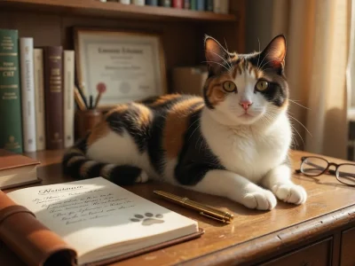 Une chatte tricolore allongée sur un bureau avec livres et lunettes sur les prénoms pour chat femelle