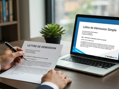 Un professionnel tient une lettre de démission devant son ordinateur portable sur un bureau.
