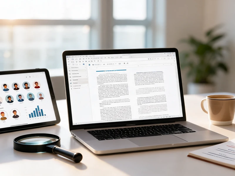 Bureau professionnel avec ordinateur portable affichant un beau article pour blog et tablette d'analyse