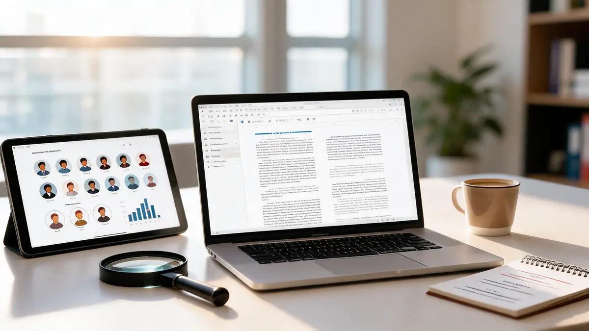 Bureau professionnel avec ordinateur portable affichant un beau article pour blog et tablette d'analyse