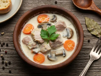 Une blanquette de veau recette crémeuse aux carottes et champignons dans un bol rustique