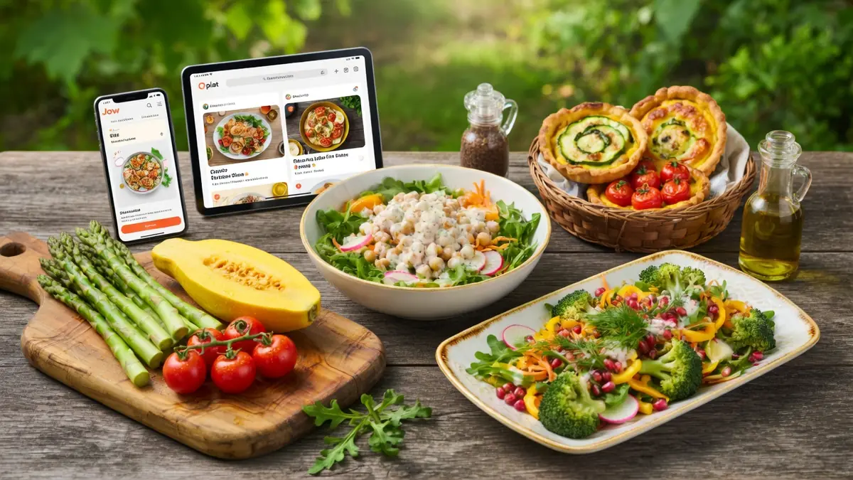 Une table en bois chargée de légumes frais et de salades montre des plats de saison