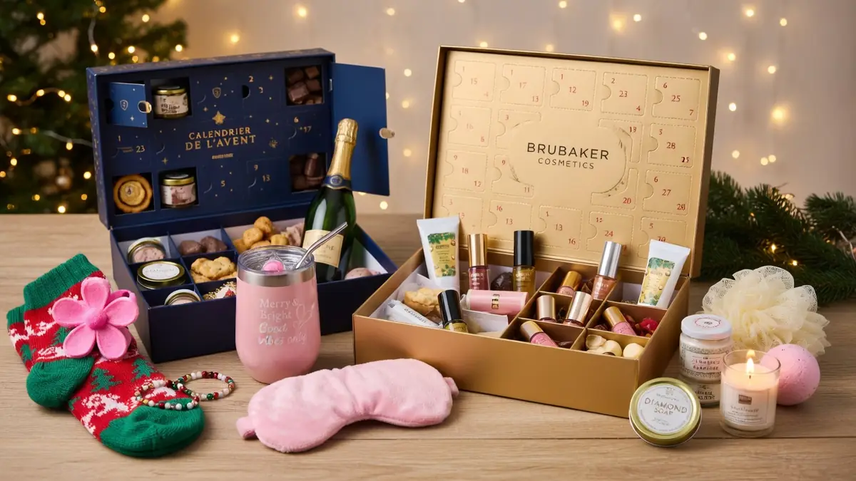 De nombreux produits de beauté et accessoires festifs sont présentés autour d'un calendrier de l'Avent femme