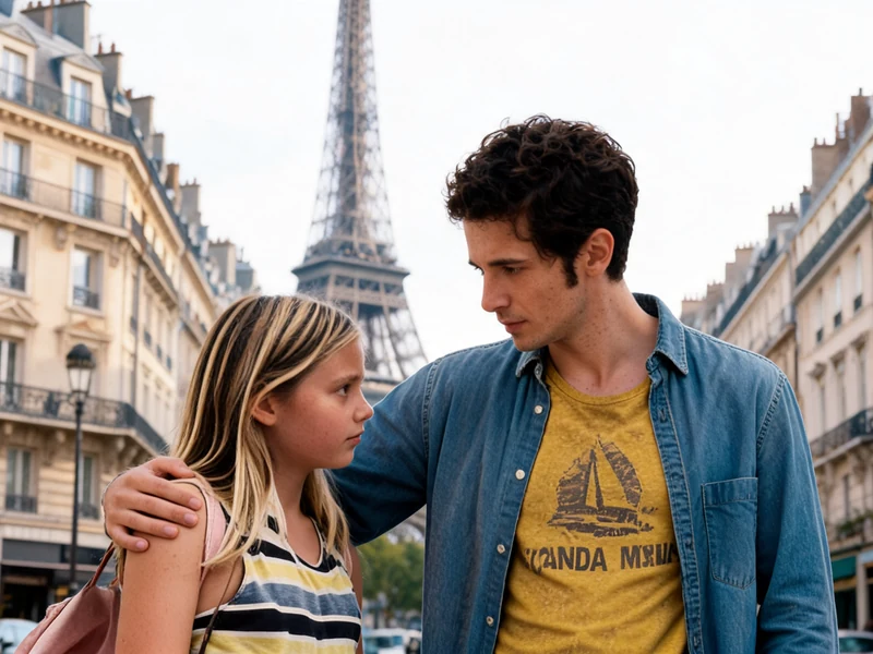 Un homme et une jeune fille se regardent tendrement dans les rues de Paris dans le Amanda film