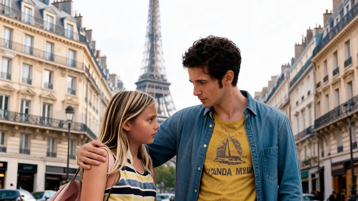 Un homme et une jeune fille se regardent tendrement dans les rues de Paris dans le Amanda film