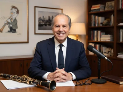 Christian Morin sourit à son bureau avec clarinette et microphone