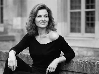 Patricia Barzyk est assise sur un muret en pierre dans cette photographie en noir et blanc