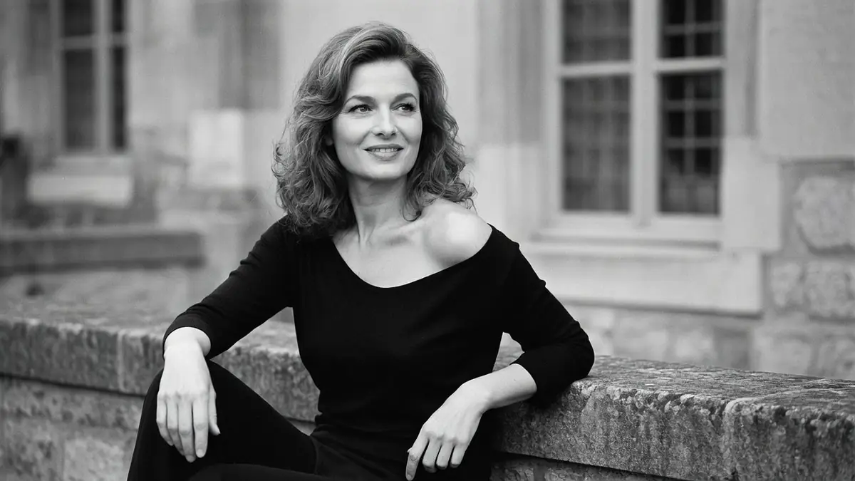 Patricia Barzyk est assise sur un muret en pierre dans cette photographie en noir et blanc