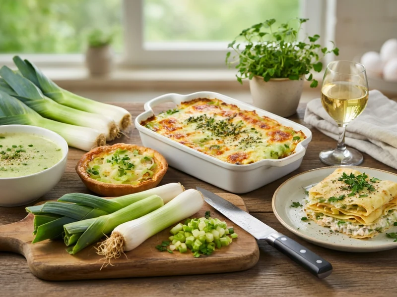 Une table en bois présente une sélection de recettes au poireau avec soupe, tarte, gratin et lasagnes