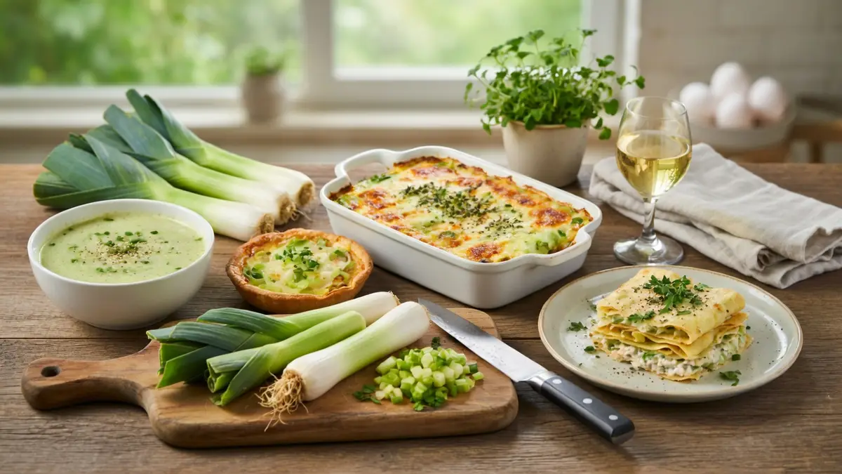Une table en bois présente une sélection de recettes au poireau avec soupe, tarte, gratin et lasagnes