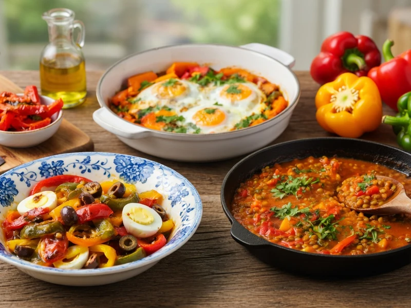 Plats colorés et poivrons frais composant des recettes avec des poivrons sur une table