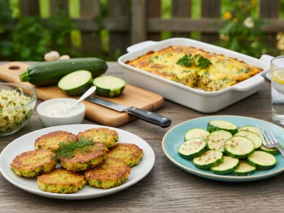 Une table en bois avec diverses recettes avec des courgettes comme des galettes et un plat au four.