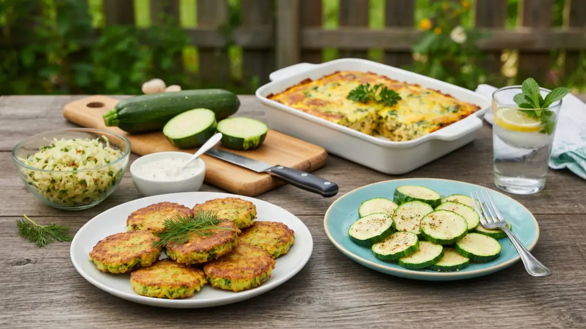 Une table en bois avec diverses recettes avec des courgettes comme des galettes et un plat au four.