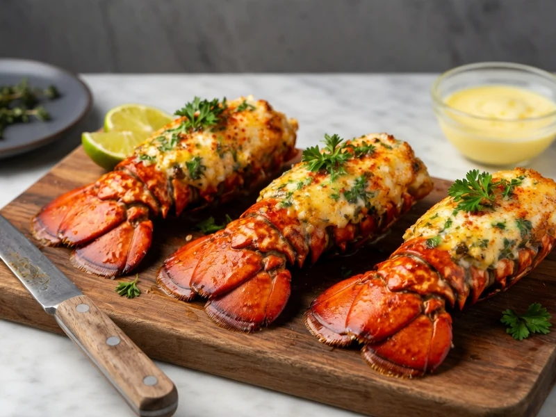 Des queues de langouste rôties au fromage sont disposées sur une planche pour des recettes de queue de langouste