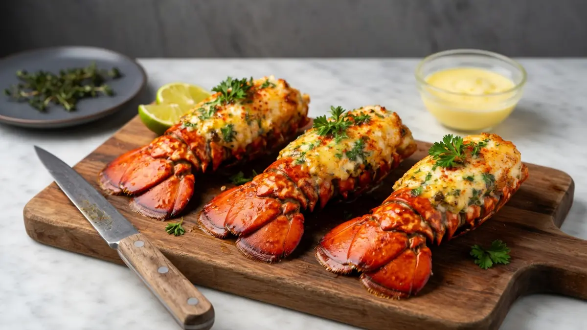 Des queues de langouste rôties au fromage sont disposées sur une planche pour des recettes de queue de langouste