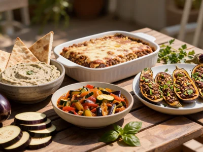 Une table en bois présentant diverses recettes avec des aubergines dont une gratinée et des aubergines farcies