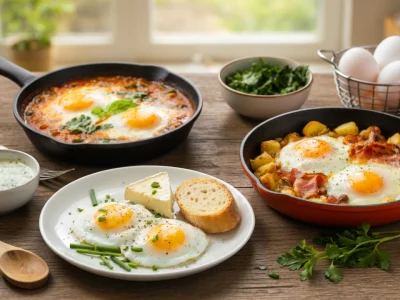Des recettes avec des oeufs sont mises en valeur dans des poêles et assiettes sur une table en bois