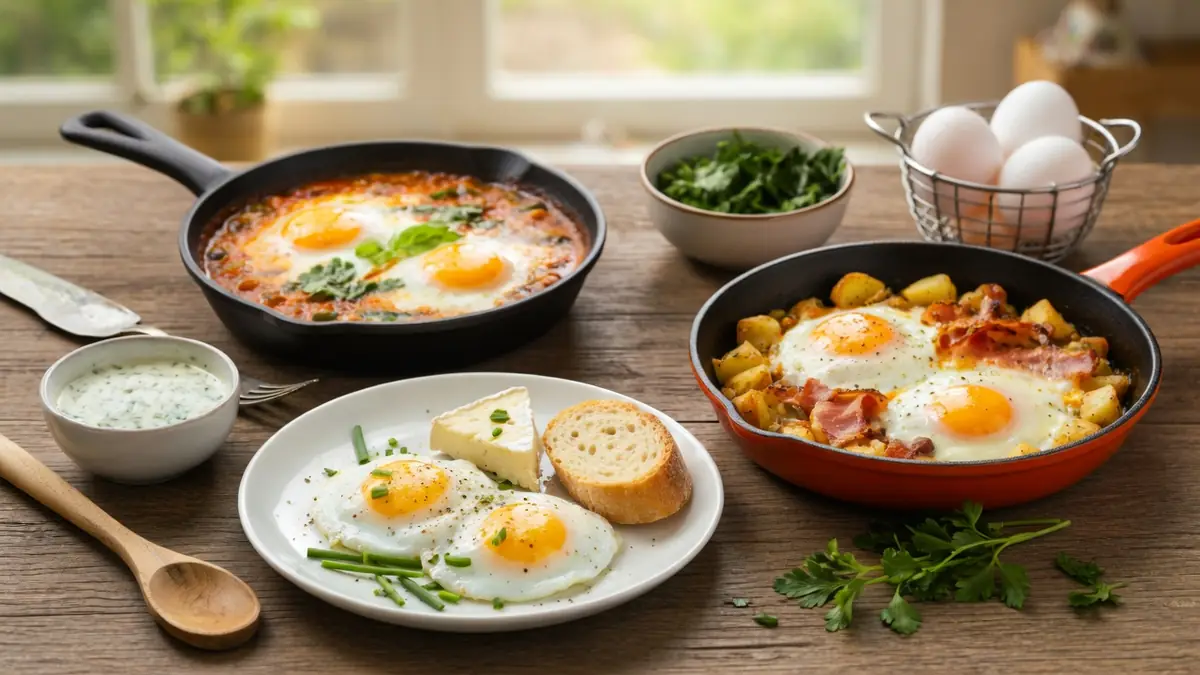 Des recettes avec des oeufs sont mises en valeur dans des poêles et assiettes sur une table en bois