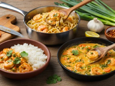 Plusieurs recettes avec des crevettes appétissantes sont servies dans des poêles et un bol sur une table en bois