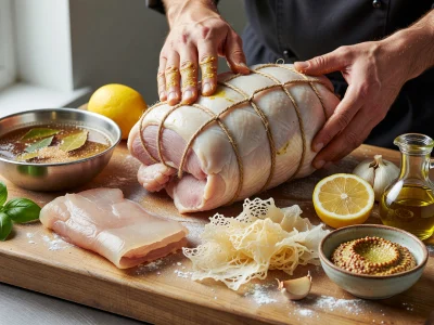 Un cuisinier prépare un rôti de dinde ficelé sur une planche avec citrons et épices