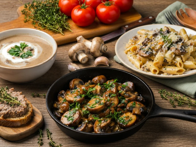 Une sélection de recettes au champignons avec soupe, pâtes et poêlée sur une table rustique