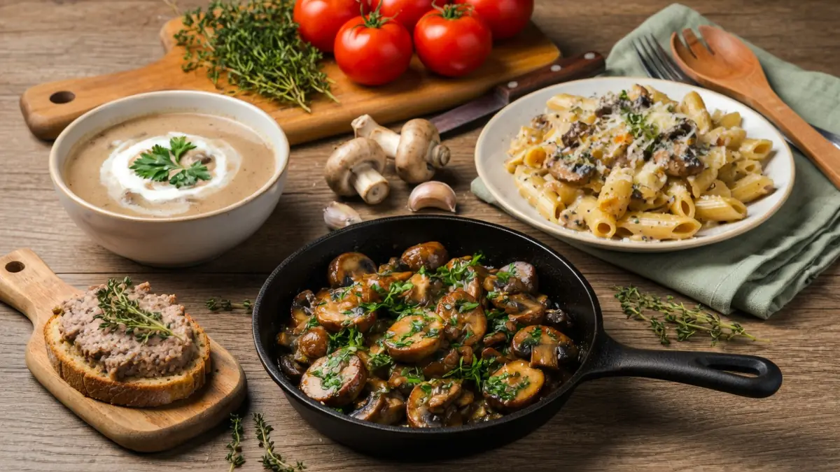 Une sélection de recettes au champignons avec soupe, pâtes et poêlée sur une table rustique