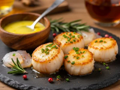 Des noix de Saint-Jacques poêlées avec sauce et romarin illustrent les recettes noix de Saint-Jacques