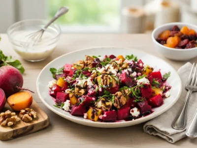 Une table en bois avec une assiette de salades de betteraves rouges garnie de noix et de fromage frais