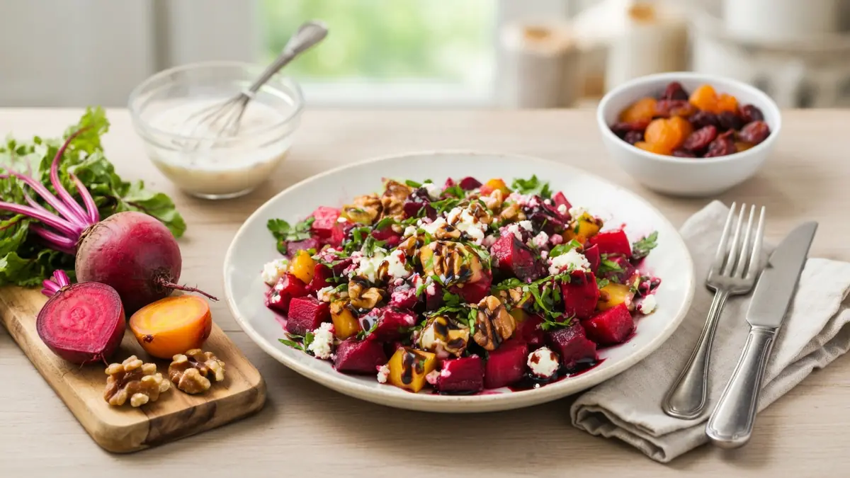 Une table en bois avec une assiette de salades de betteraves rouges garnie de noix et de fromage frais