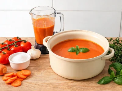 Un pot de soupes à la tomate entouré de tomates fraîches, carottes et herbes aromatiques sur une table en bois