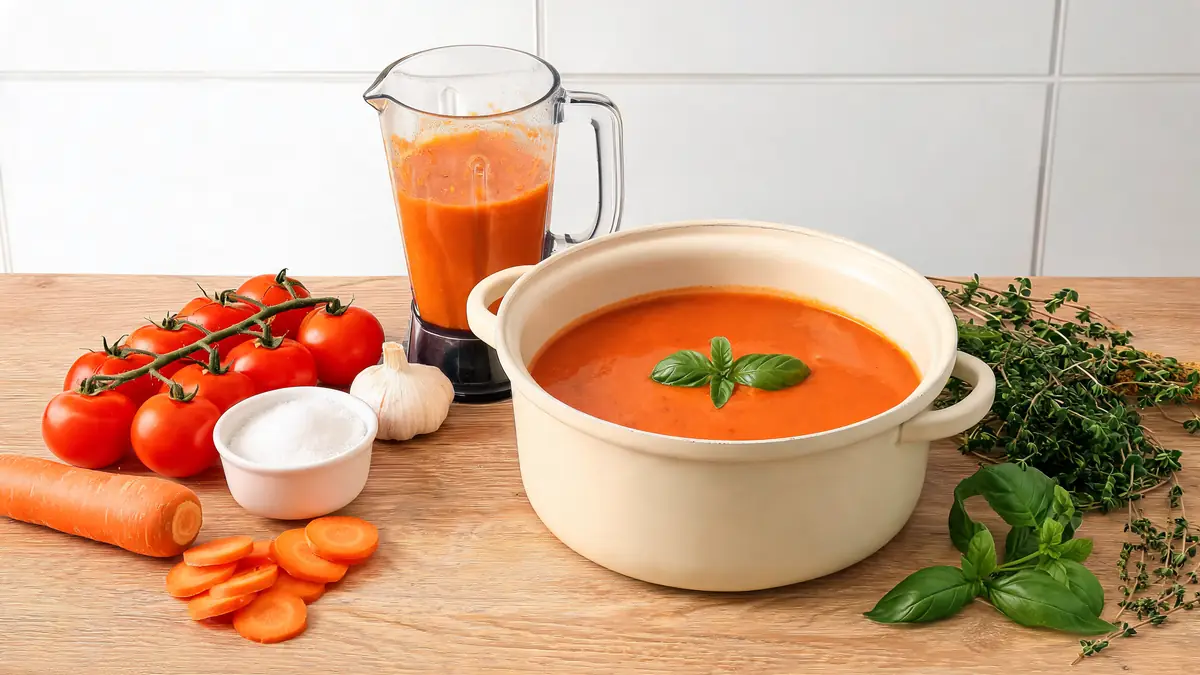 Un pot de soupes à la tomate entouré de tomates fraîches, carottes et herbes aromatiques sur une table en bois