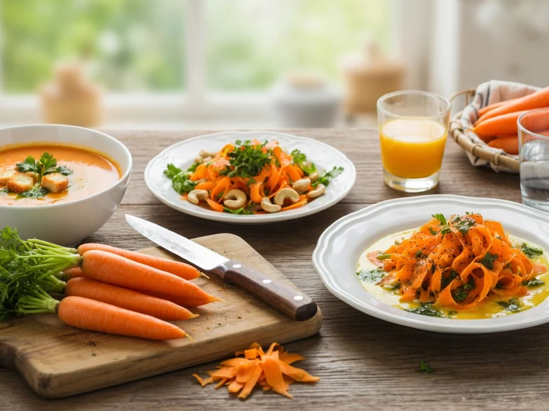 Une table en bois avec soupe salades et carottes pour une recette à la carotte