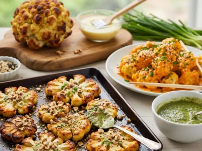 Une recette au choux fleur est illustrée par des choux-fleurs rôtis et bols de sauces