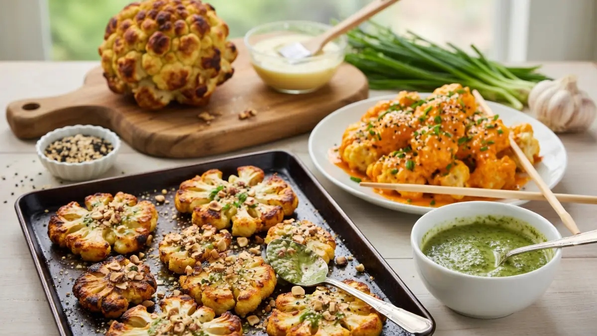 Une recette au choux fleur est illustrée par des choux-fleurs rôtis et bols de sauces