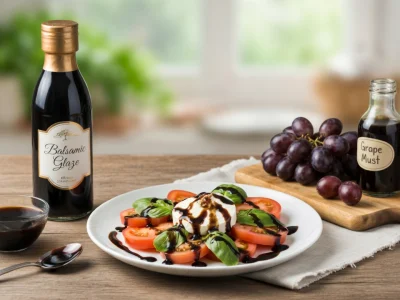 Une salade garnie de crème balsamique avec bouteilles et raisins sur une table en bois