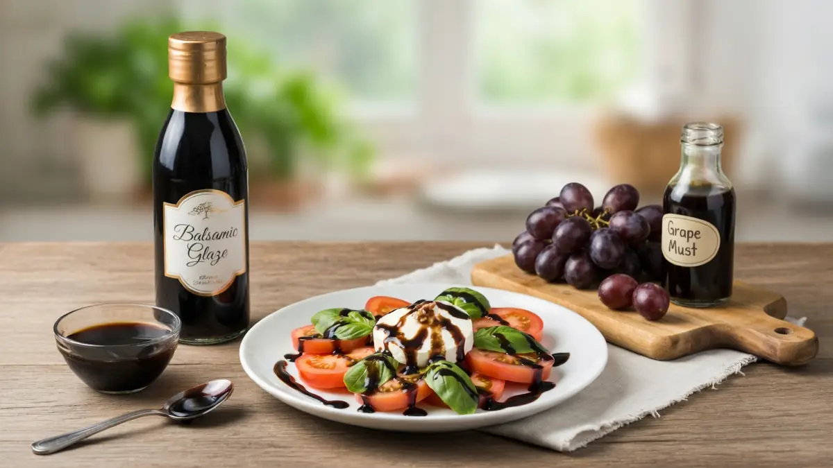 Une salade garnie de crème balsamique avec bouteilles et raisins sur une table en bois