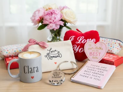 Divers objets dont une tasse et des fleurs composent un cadeau pour les copines sur une table