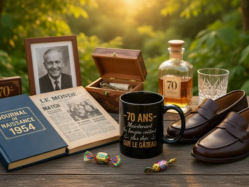 Divers objets posés sur une table en bois au milieu de la verdure pour un cadeau homme 70 ans