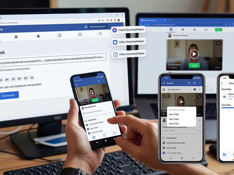 Deux mains tenant un smartphone devant un ordinateur et d'autres appareils pour Facebook télécharger vidéo
