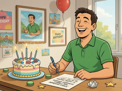 Un homme souriant rédige un joyeux anniversaire pour homme près d'un gâteau d'anniversaire