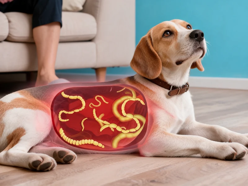 Un beagle allongé avec des vers dans l'abdomen pour vermifuger le chien