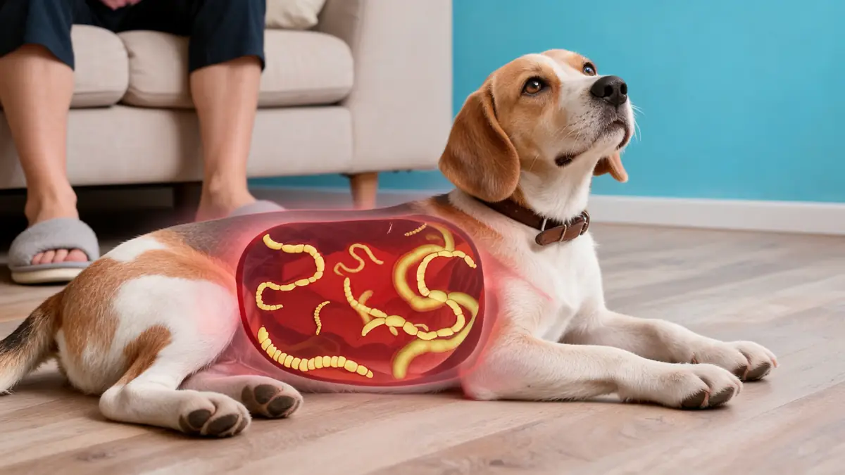Un beagle allongé avec des vers dans l'abdomen pour vermifuger le chien