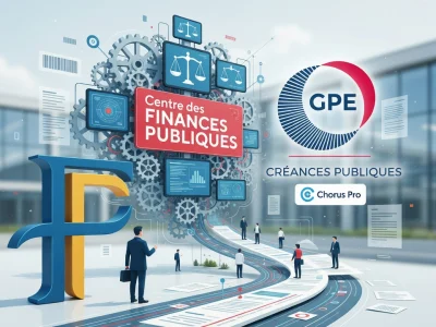 Des professionnels cheminent sur une voie sinueuse entourée d'engrenages et de symboles judiciaires pour les créances publiques
