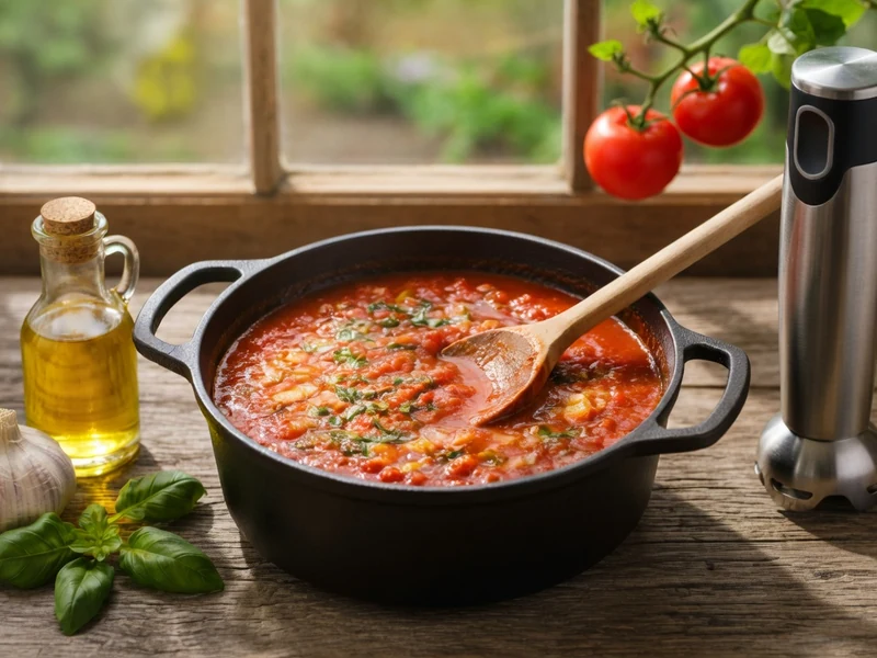 Cocotte de sauce tomate et ingrédients pour recette pour sauce tomate sur table en bois