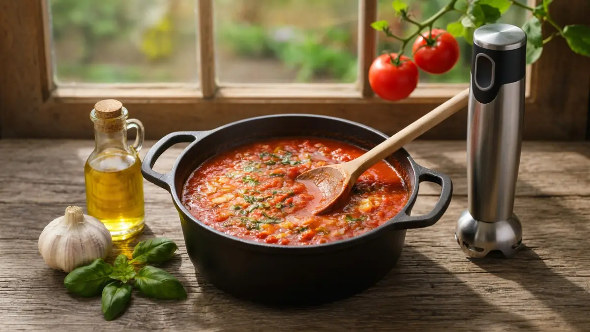 Cocotte de sauce tomate et ingrédients pour recette pour sauce tomate sur table en bois