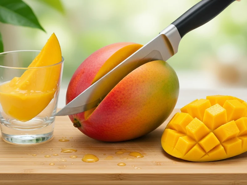 Une mangue tranchée par un couteau sur une planche à côté d'un verre illustre comment découper une mangue