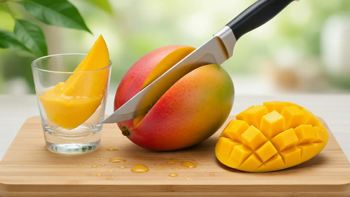 Une mangue tranchée par un couteau sur une planche à côté d'un verre illustre comment découper une mangue