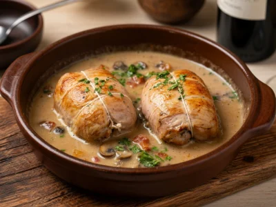 Le plat de recette pour paupiettes de veau servi dans une cocotte brune sur une planche