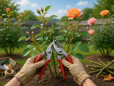 Des mains gantées tenant un sécateur devant des rosiers pour illustrer quand et comment tailler des rosiers