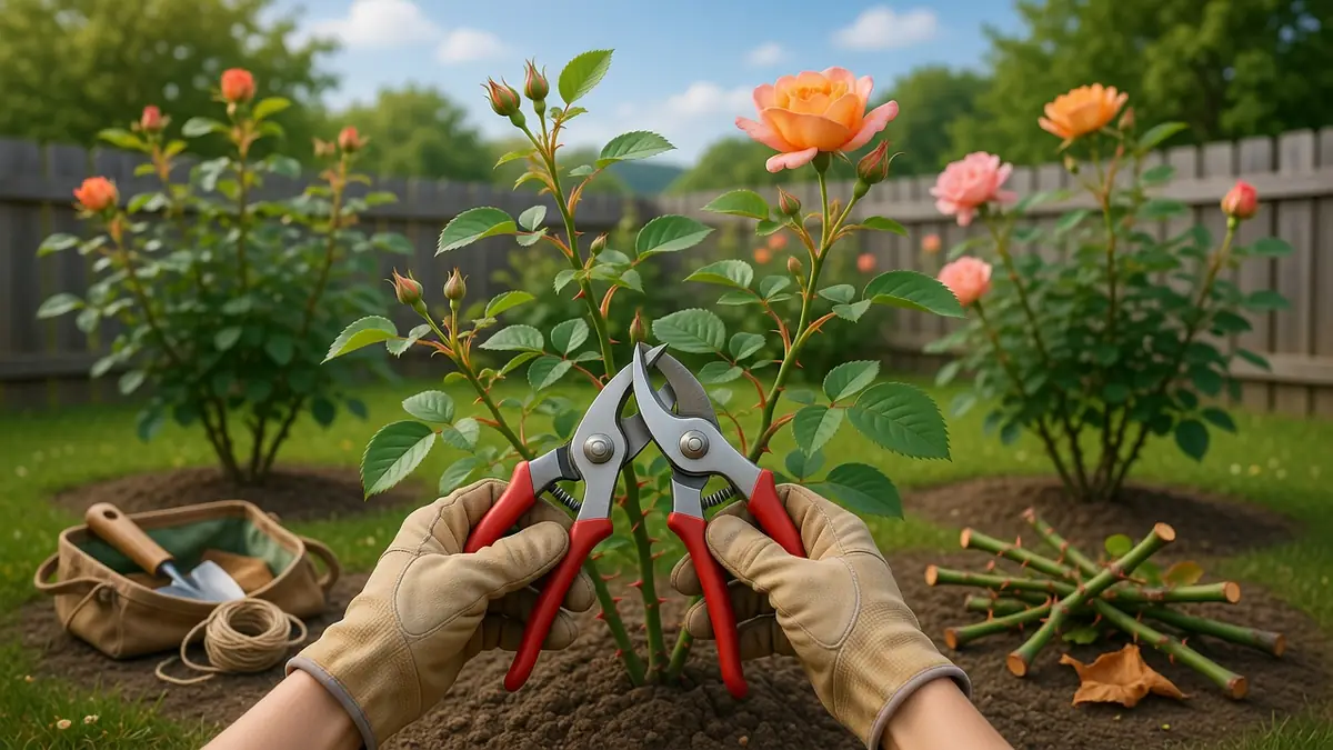 Des mains gantées tenant un sécateur devant des rosiers pour illustrer quand et comment tailler des rosiers